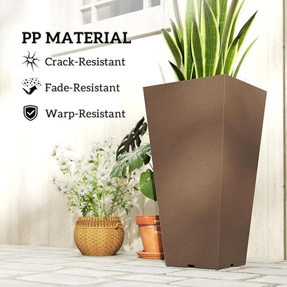 Outsunny 23 Inch Tall Planters for Outdoor Plants, Set of 2 Plastic Flower Pots, Weather and UV Resistant Stackable Tapered Large Planters for Front Door Patio Garden Use, Brown