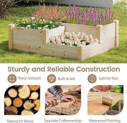 HAPPYGRILL 3-Tier Raised Garden Bed, Wood Elevated Planter Box w/Open-Ended Base, 3 Planting Depths& 2 Arrangement Options for Yard Lawn, Outdoor Planter Raised Beds for Vegetables Herbs Fruits
