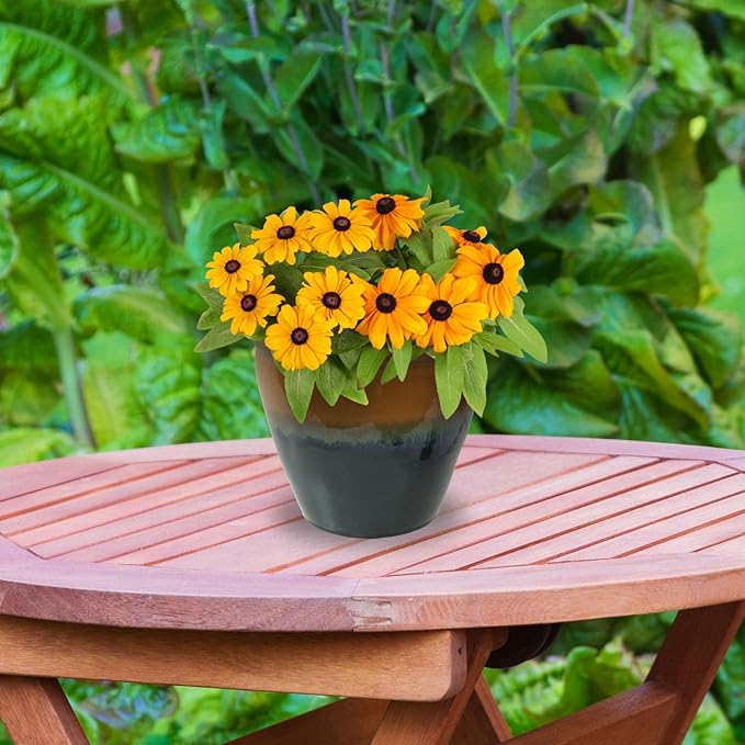 Sunnydaze Round Ceramic Planter - Set of 2 Indoor or Outdoor Plant Pots with Drainage Hole - Chalet - 12" - Forest Lake Green Glaze