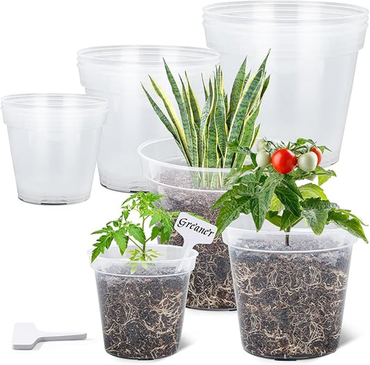 GREANER Clear Pots for Plants, 6/8/10 Inch Orchid Pots with Holes and 20 Pcs Plant Labels for Indoor Outdoor Planters(12 Packs)