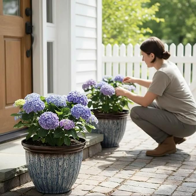 15" D Large Flower Pots, 2-Pack Big Planters for Indoor Outdoor Plants, UV-Protect PP Container for Garden Patio Yard Balcony Porch or Home Decor, Artistic Floating Blue & Brown Glaze