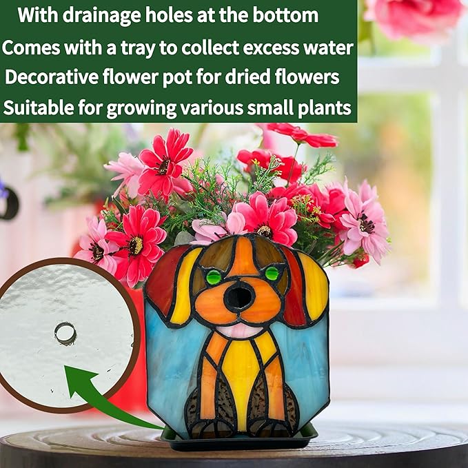 Tiffany Style Dog Planter,Indoor Plant Pots with Drainage,Unique Cactus Pot,Arrange Dried Flowers Flower Pots,Plant Gifts for Dog Lovers