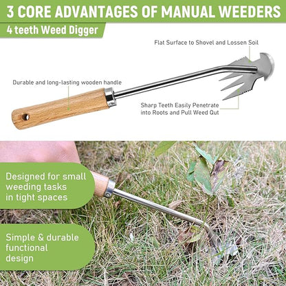 3 Pcs Set Weed Puller Tool,Hand Weeder Tool,4Teeth Uprooting Weeding Tool, Crack and Crevice Weeder, Gardening Weeding Artifact Tool