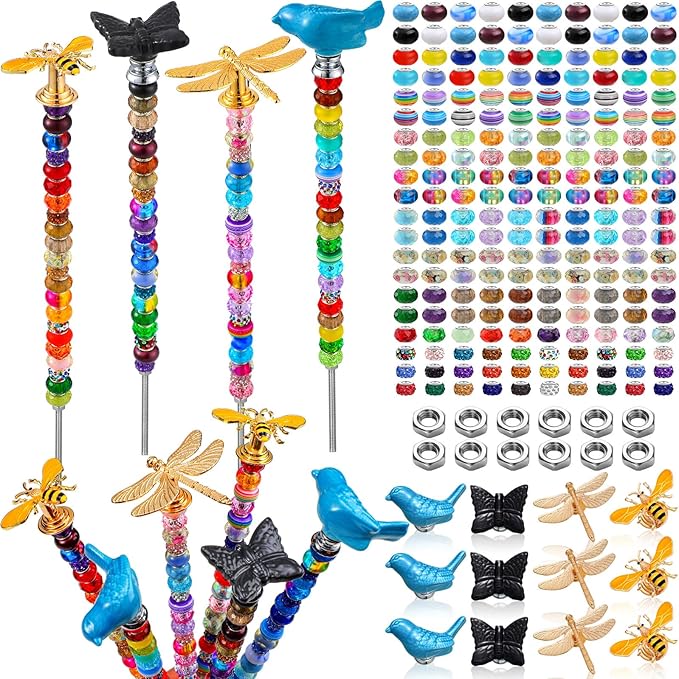 Tigeen 236 Pcs Garden Stake DIY Fairy Wand Plant Stake with 12 Colorful Crystal Stopper Top 12 Threaded Rod with 200 Large Hole Bead for Spring Summer Holiday Outdoor Decorations(Dragonfly Bird Bee)