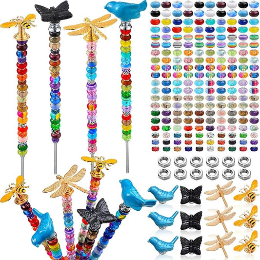 Tigeen 236 Pcs Garden Stake DIY Fairy Wand Plant Stake with 12 Colorful Crystal Stopper Top 12 Threaded Rod with 200 Large Hole Bead for Spring Summer Holiday Outdoor Decorations(Dragonfly Bird Bee)