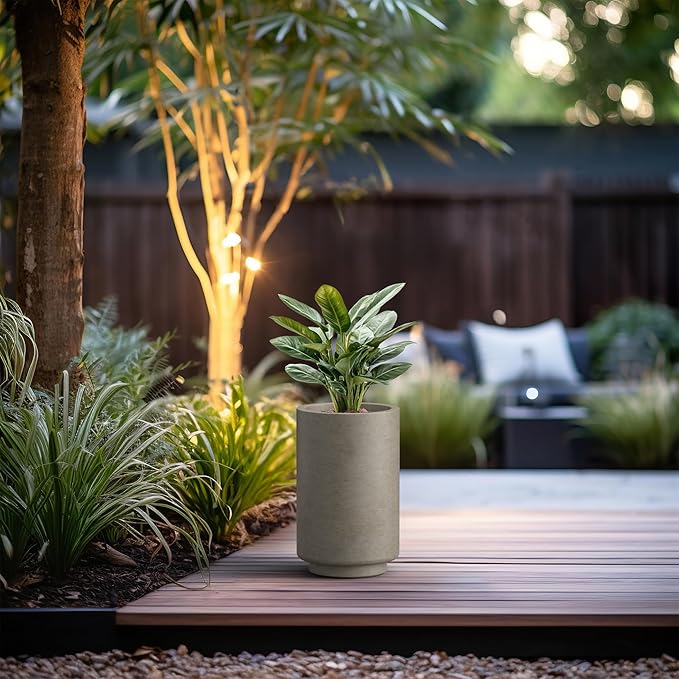 Kante 15.7 Inch Tall Concrete Planter, Round Pedestal Design Garden Pot for Indoor Outdoor Plants, Modern Garden Pot with Drainage Hole, Weathered Concrete Finish with Painted Interior
