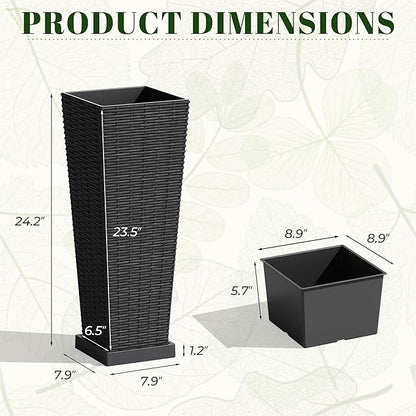 JUMMICO Set of 2 Resin Rattan Tall Planters for Outdoor Plants, Large Tapered Planters with Drainage Holes, Inner Trays and Outer Saucers, Flower Pots for Garden, Patio, Porch, Backyard (Black, 24")