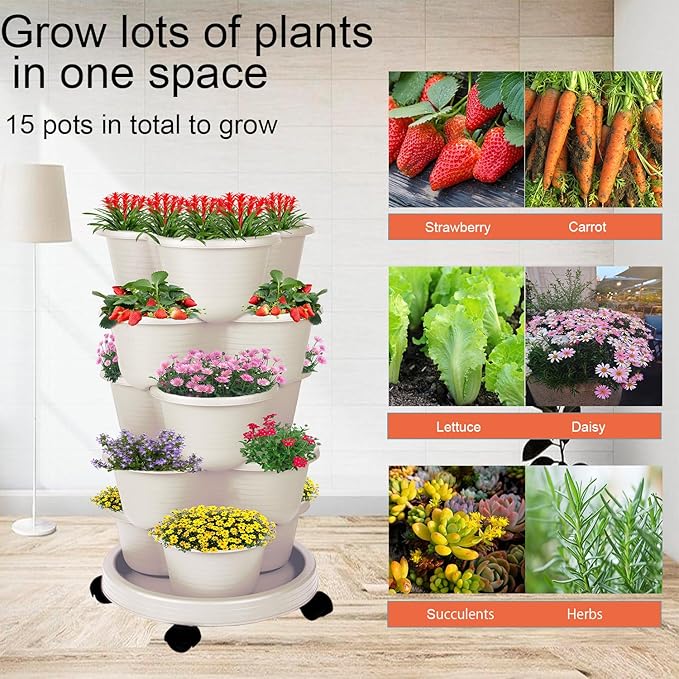 5-Tier Vertical Garden Tower Stackable Planter for Strawberries, Flowers, Vegetables & Herbs 2-Pack Beige