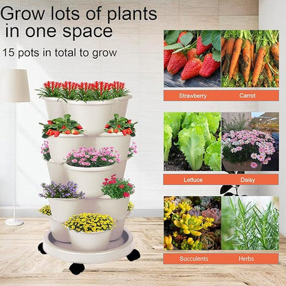 5-Tier Vertical Garden Tower Stackable Planter for Strawberries, Flowers, Vegetables & Herbs 2-Pack Beige