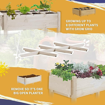 Outsunny Raised Garden Bed with 8 Grow Grids, Wooden Outdoor Plant Box Stand with Folding Side Table and Wheels, 49" x 21" x 34", for Vegetables, Flowers, Herbs, Natural