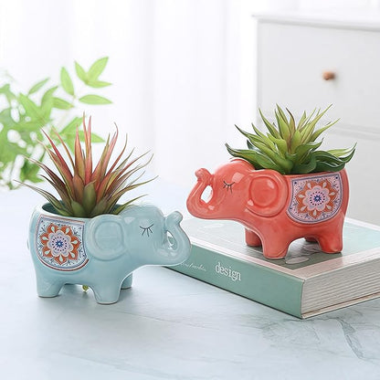 Cute Animal Elephant Shaped Ceramic Succulent Cactus Air Plant Flower Pots Planters-Plant Not Included (White)