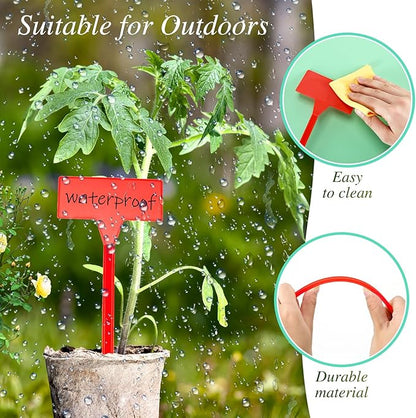 Marsui 202 Pcs Large Plant Labels Kit, Include 100 Outdoor Plastic Plant T Type Tags Waterproof Reusable Plant Markers Stakes, 100 PET Films and 2 Marker Pens for Herbs Pot (Red,11.8 Inch)