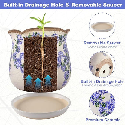 Ceramic-Planters-for-Indoor-Plants with Saucer, 6 inch Vintage Ice Crackle Glaze Plant Pots with Drainage Holes, Decorative Flower Pots for Outdoor Garden Home Decor, Tuscan Pot for Plant