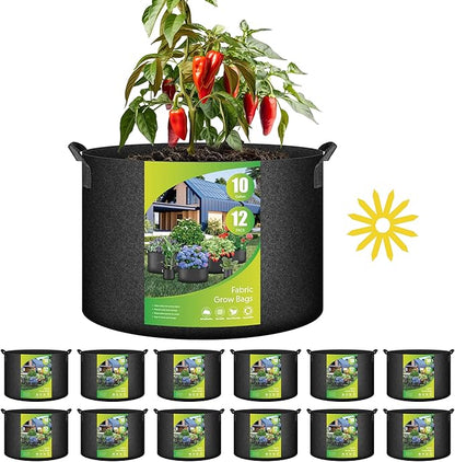 HealSmart 10 Gallon 12 Pack Nonwoven Grow Bags, Aeration Fabric Pots with Handles, Heavy Duty Garden Grow Pots for Tomato Vegetables Flowers, 12 Plant Labels, Black