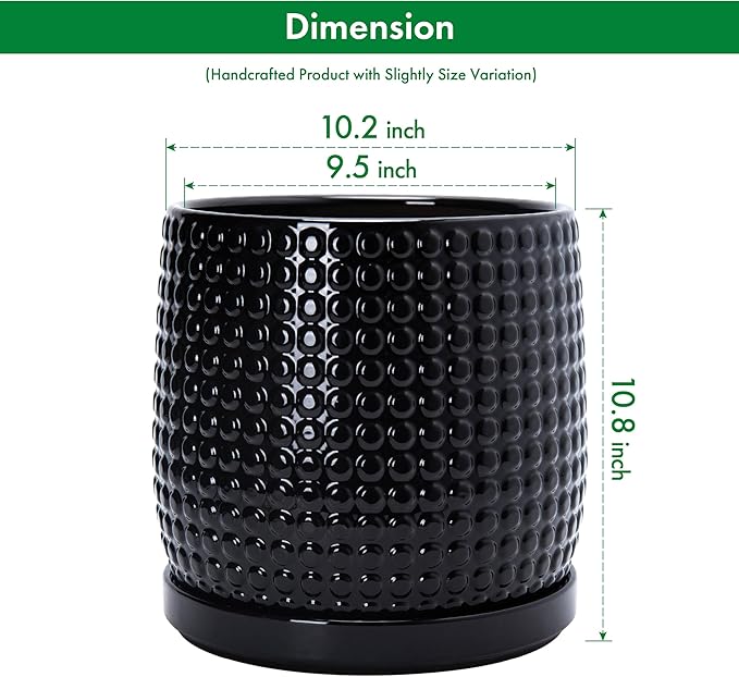 D'vine Dev 10 Inch Ceramic Beaded Stoneware Planter Pot - Flower Pot with Drainage Holes and Saucers for Indoor Succulent Plants or Flowers, Glossy Black, 27-C-P-2