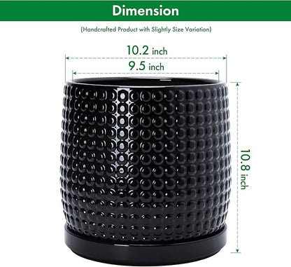 D'vine Dev 10 Inch Ceramic Beaded Stoneware Planter Pot - Flower Pot with Drainage Holes and Saucers for Indoor Succulent Plants or Flowers, Glossy Black, 27-C-P-2