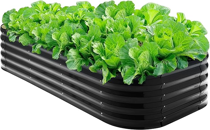 Galvanized Steel Raised Garden Bed 8x2ft Oval - 17" Tall 9-in-1 Modular Metal Planter Box for Vegetables/Flowers, Rust-Proof Outdoor Planters with Rubber Edge (Black)