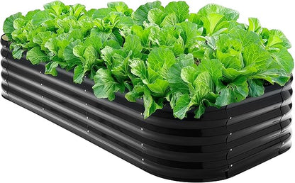 Galvanized Steel Raised Garden Bed 8x2ft Oval - 17" Tall 9-in-1 Modular Metal Planter Box for Vegetables/Flowers, Rust-Proof Outdoor Planters with Rubber Edge (Black)