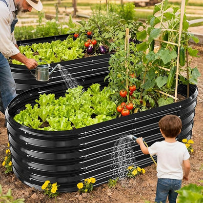 17" Tall Outdoor Garden Raised Garden Bed Kits, 4ft X 2ft Oval,0.8MM Thick Metal Raised Planter Bed/Ground Planter Box for Variety of Flowers,Herbs,Vegetables (Black, 48X24X16.5 Inches)