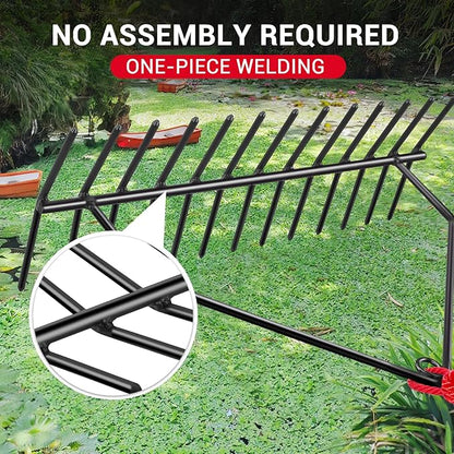 32" Aquatic Weed Rake, No Assembly Required, 8.6" Steel Rod Lake Weed Cutter, One-Piece Welding, Lake Weed Rake for Pond Beach Landscaping, Perfect Tie Hole, 30ft Thicker Rope and Net, Black.