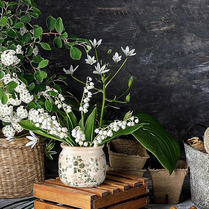 7.7" Large Ceramic Plant Pot Beige Green Jasmine Vine Crackle Glaze Rustic Flowers Pot Decorative Planter with Drainage for Indoor Outdoor Plants Home Kitchen Office Decor Gift