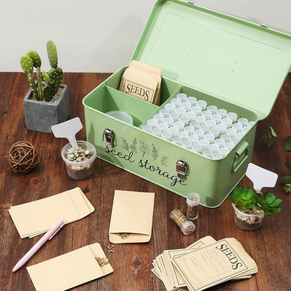 TINSKY Seed Storage Organizer Metal Seed Box with Lid and Locks Seed Saving Bank with 60 Seed Bottles, 30 Plant Labels and 60 Seed Envelopes, 3 Compartments, Suitable for Garden Floweren