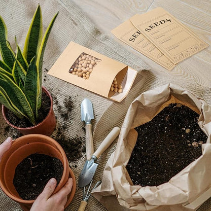100 PCS Seed Packets Clear Envelopes, Self Sealing Kraft Bags 3.15”x 4.72”, Seed Storage Organizer Mini Envelopes with Preprinted Collecting Template for Flower Vegetable Seed Collection(A style)