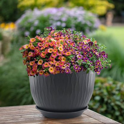 12/10/9 inch Plant Pots, 3 Pack Flower Pots for Outdoor Indoor Garden Plants, Large Planters with Multi Mesh Drainage Holes and Saucer (Black, 12"+10"+9")