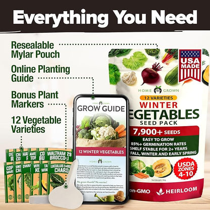 HOME GROWN 12 Winter Vegetable Seeds Heirloom,Fall & Winter Vegetable Seeds for Planting Home Garden: Bean, Beet, Broccoli, Cabbage, Carrot, Cauliflower, Kale,Parsnip,Squash,Chard & More