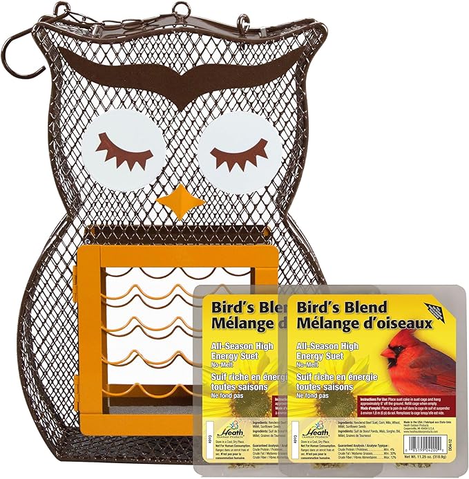 Heath Whimsical OWL Suet 'n Seed Bird Feeder for Sunflower Seeds with 2 Free Bird's Blend Suet Cakes Included