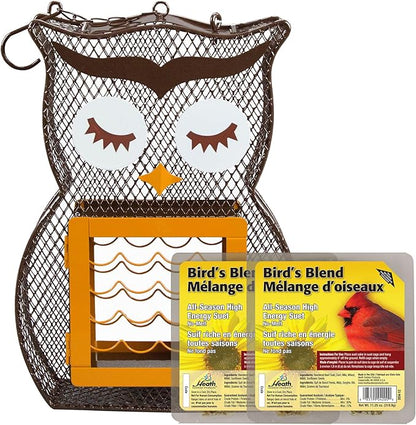 Heath Whimsical OWL Suet 'n Seed Bird Feeder for Sunflower Seeds with 2 Free Bird's Blend Suet Cakes Included