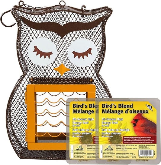 Heath Whimsical OWL Suet 'n Seed Bird Feeder for Sunflower Seeds with 2 Free Bird's Blend Suet Cakes Included