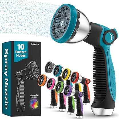Hose Nozzle [Blue] Heavy Duty Hose Sprayer With 10 Adjustable Watering Patterns. Thumb Control Design, Comfortable Ergonomic Grip, Garden Hose Nozzle for Watering Plants & Lawns/Fun showers/Cleaning