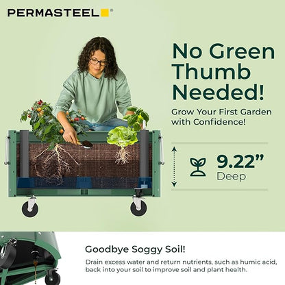 Permasteel Self-Watering Garden Bed, Rolling Planter for Vegetables, Flowers, Herbs, and Fruit, Outdoor Indoor, Caster Wheels, Sage
