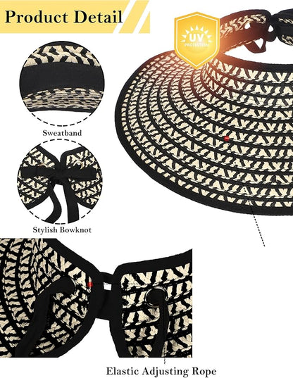 Womens Beach Straw Sun Hats Ponytail Hole Wide Brim Summer Visor Foldable Hat Sun Protection Packable for Travel Pool