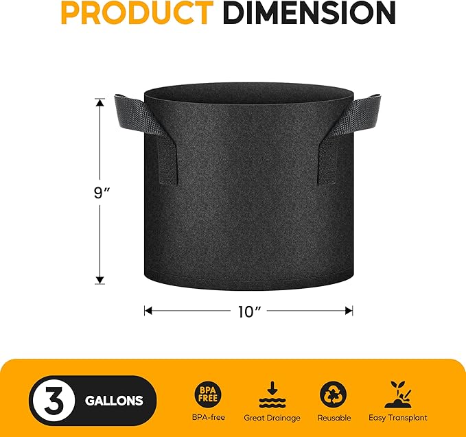 HealSmart 24-Pack 3 Gallon Nonwoven Grow Bags, Aeration Fabric Pots with Handles, Suitable for Garden Fruits, Vegetables and Flowers, Black