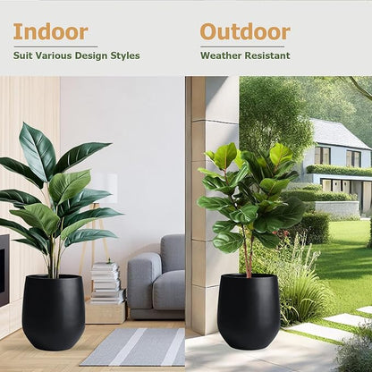 21" H x 19" D Corso Fiberstone Round Tapered Planter with Drainage Hole, Smooth Finishes, Weather Resistant for Indoor and Outdoor Use, Included 2 Extra Coco Mats (Black, 15" Pot Opening)