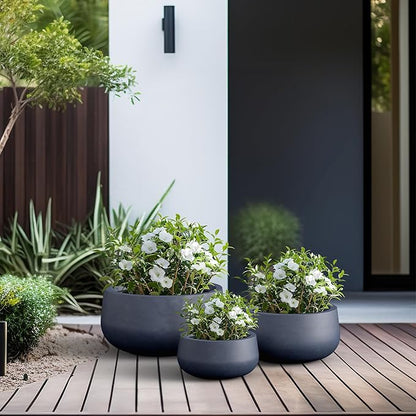 Kante 19.6",15.7",11.8" Dia Round Concrete Planters Set of 3, Outdoor Indoor Garden Plant Pots with Drainage Hole and Rubber Plug, Modern Curvaceous Design, Charcoal