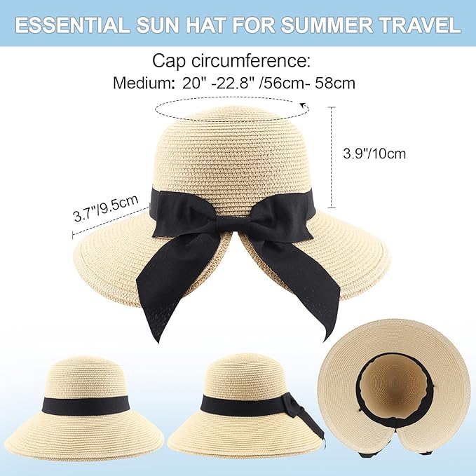 DRESHOW Sun Hats for Women Travel Fedora Foldable Beach Sun Hat Summer Wide Brim Straw Bucket Hat with Bowknot UPF 50+