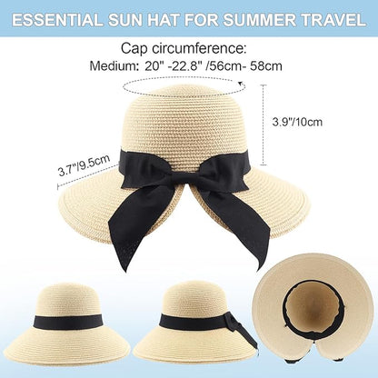 DRESHOW Sun Hats for Women Travel Fedora Foldable Beach Sun Hat Summer Wide Brim Straw Bucket Hat with Bowknot UPF 50+