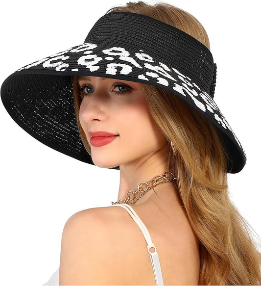 Womens Beach Straw Sun Hats Ponytail Hole Wide Brim Summer Visor Foldable Hat Sun Protection Packable for Travel Pool
