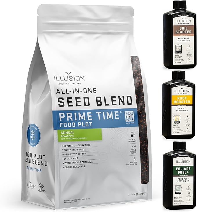 All-in-One Food Plot Seed + Fertilizer for Deer - 1/4 Acre Coverage - Annual Blend - Protein and Micronutrients for Wildlife - 6 Brassica Varieties - Illusion Systems (Prime Time)