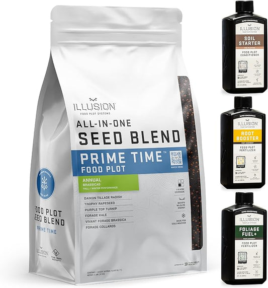 All-in-One Food Plot Seed + Fertilizer for Deer - 1/4 Acre Coverage - Annual Blend - Protein and Micronutrients for Wildlife - 6 Brassica Varieties - Illusion Systems (Prime Time)