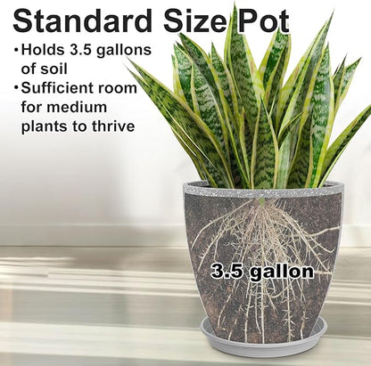 GameXcel Flower Pot Indoor - Outdoor Plant Pot - Gray Rough Planter - Elegant Stone Imitation - 12" Diameter 12" Tall with Drainage Holes and Saucer