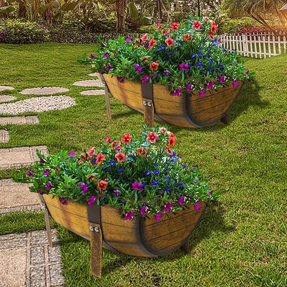 15.43In 2 Pack Rustic Barrel Planters, Decorative Outdoor Garden Backyard Planter with Legs, Metal Flower Pot Half Barrel Planter Box, Brown