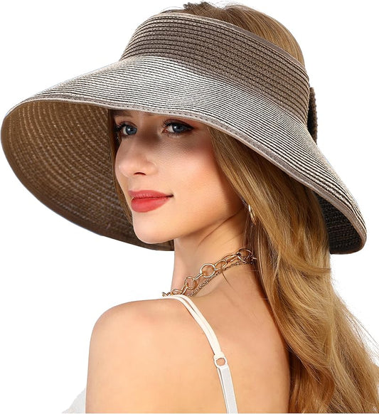 Womens Beach Straw Sun Hats Ponytail Hole Wide Brim Summer Visor Foldable Hat Sun Protection Packable for Travel Pool