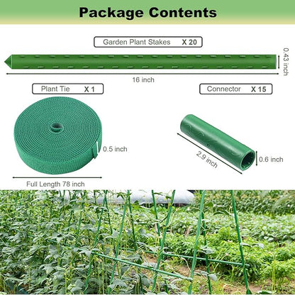 Garden Stakes 16" 20pcs, 0.43 inch Diameter Plant Stakes for Indoor Outdoor Plants, DIY 3ft 4ft 5ft 6ft Sturdy Steel Tomato Stakes with 15 Connectors, Plant Support Stakes for Climbing Plants