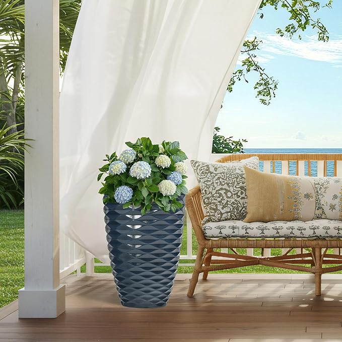 19" H Coastal Planter for Indoor/Outdoor Plants, Set of 2 Large Flower Pot with Drainage Hole, Weather/UV Resistant Resin Planters for Garden Patio Porch Home office Decor, Glossy Navy Blue Wavy
