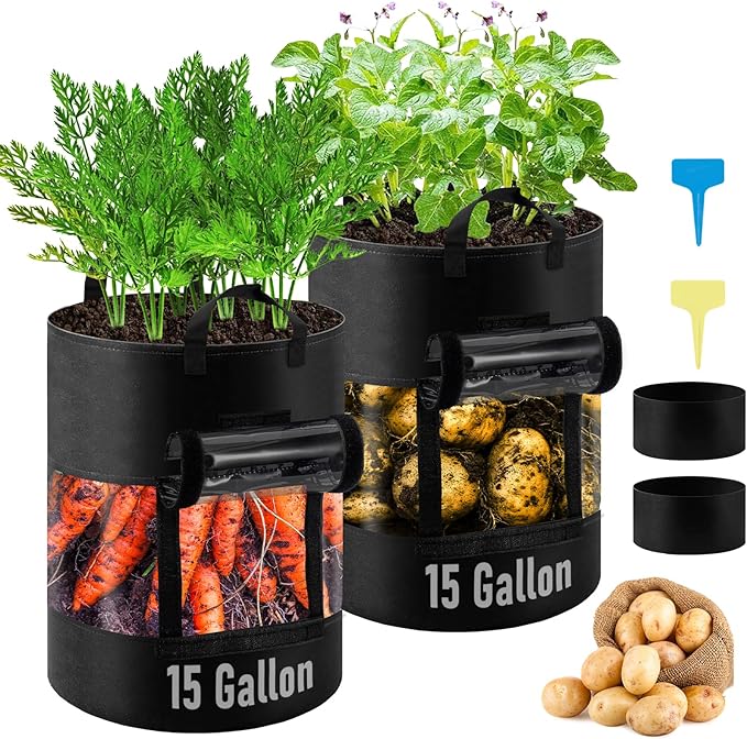 2 Pack 15 Gallon 360°Visible Potato Grow Bags,Heavy Duty Thickened Nonwoven Fabric Planter Bags with 2 Clear Harvest Windows&Removable Shading Cover,Reinforced Handles,Vegetable Grow Bags with Labels