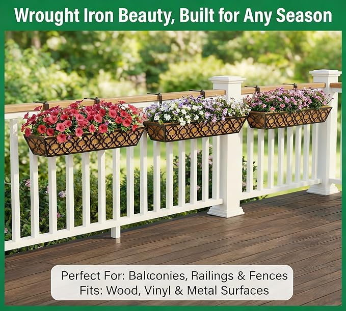 Y&M 30 Inch Window Deck with Coco Liner, Fence Metal Hanging Flower Planter Window Basket Deck Railing Planter Boxes for Outdoor Garden Lawn,6pcs